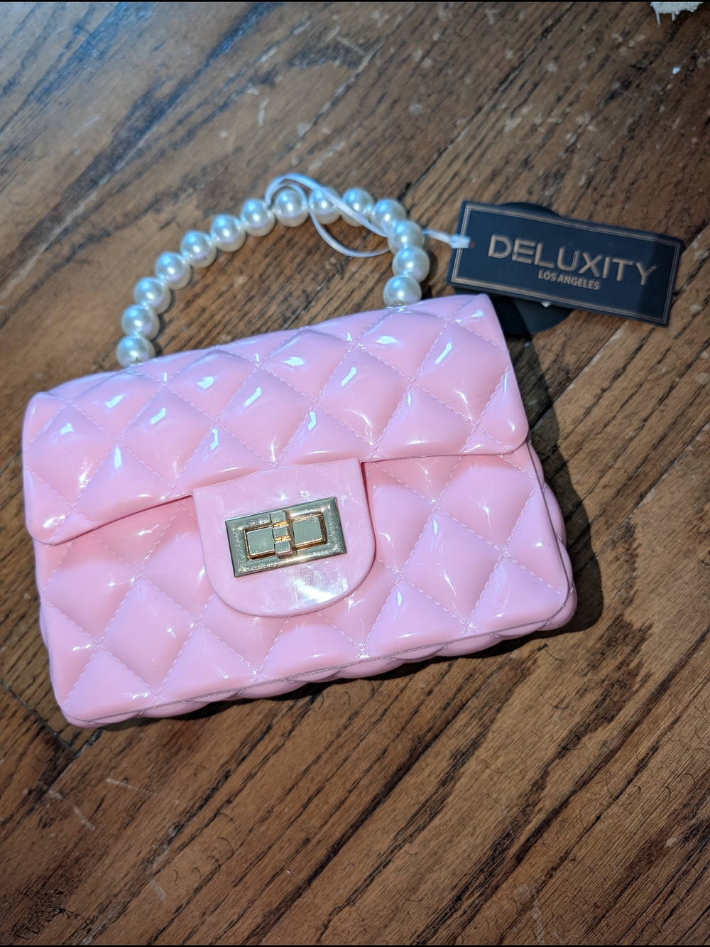 Pink Quilted Appearance Patent Crossbody with Pearl Handle